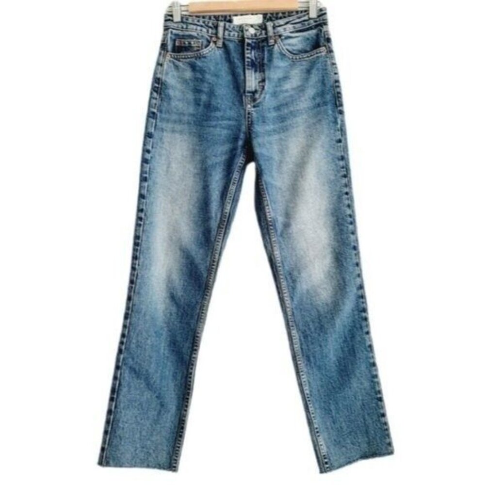 TOPSHOP Straight Leg High Waist Blue Jeans Fringe Hem Sz 26